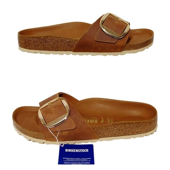 NWB Birkenstock Madrid Big Buckle Cognac Leather Slides Sandals Womens US 11 - Picture 2 of 5
